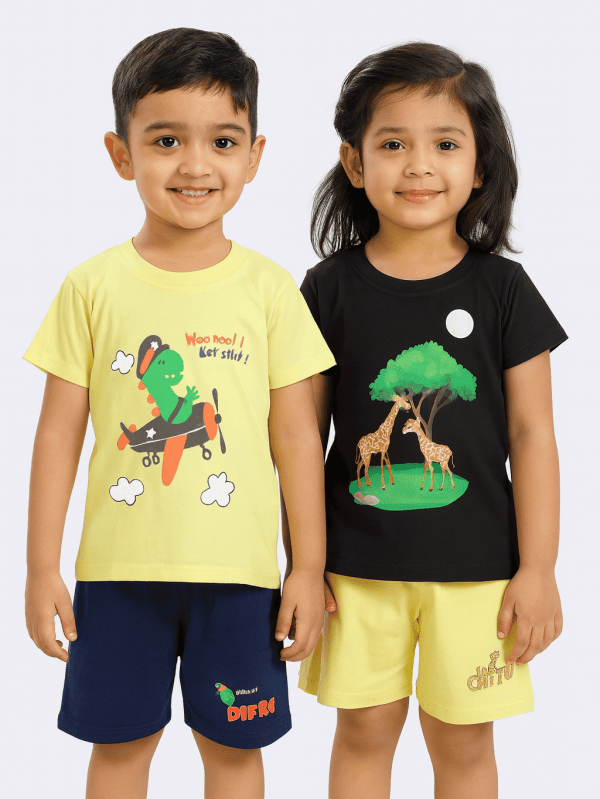 Difru Kids Combo – Dino Flying & OG Giraffe T-Shirt and Shorts Set
