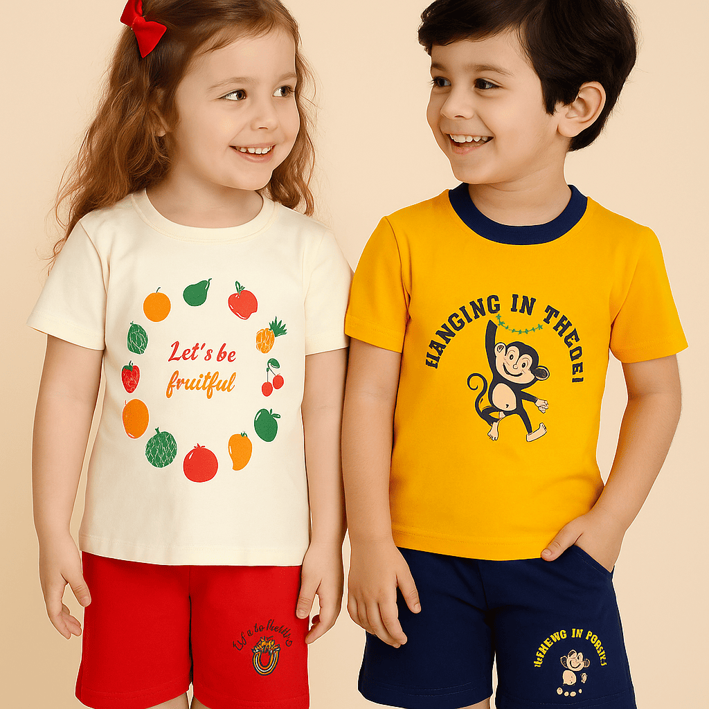 Let’s Be Fruity & Monkey T-shirt & Shorts Co-ord Set (Pack of 2)