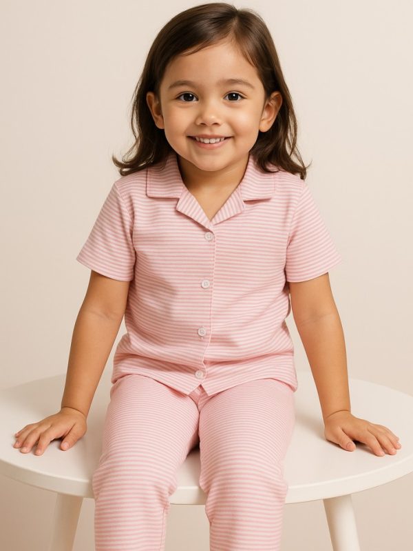Smiling toddler girl wearing pink and white striped cotton pajama set sitting on a chair – Difru comfy nightwear for kids aged 1–8 years