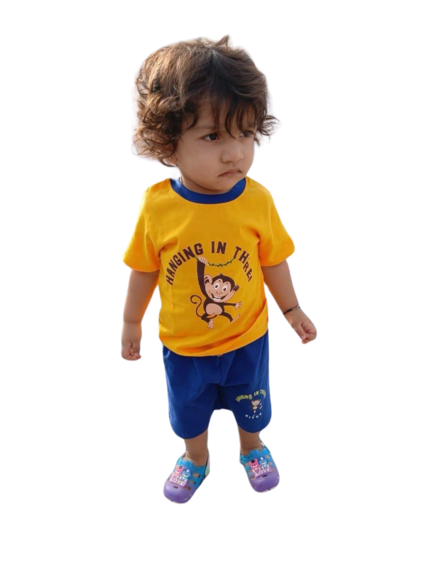 Orange soft cotton t-shirt with Monkey Adventure T-shirt & Shorts Co-ord Set print
