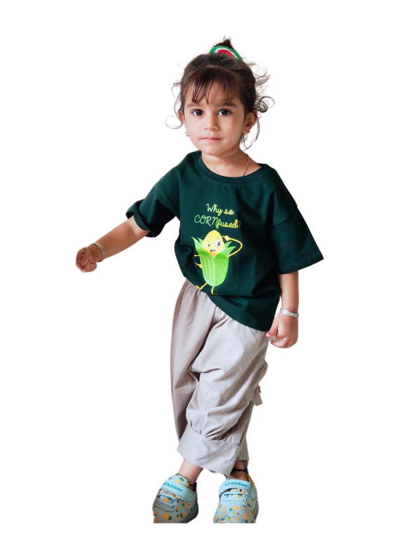 Green 100% cotton t-shirt with Why So CORNfused? T-Shirt print for kids by Difru