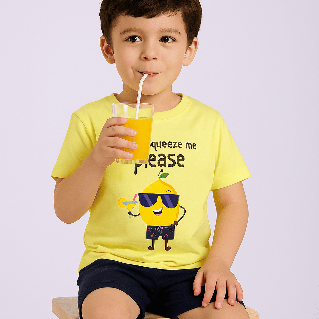 Yellow cotton t-shirt with Don’t Squeeze Me Please ! T-shirt print for unisex kids by Difru