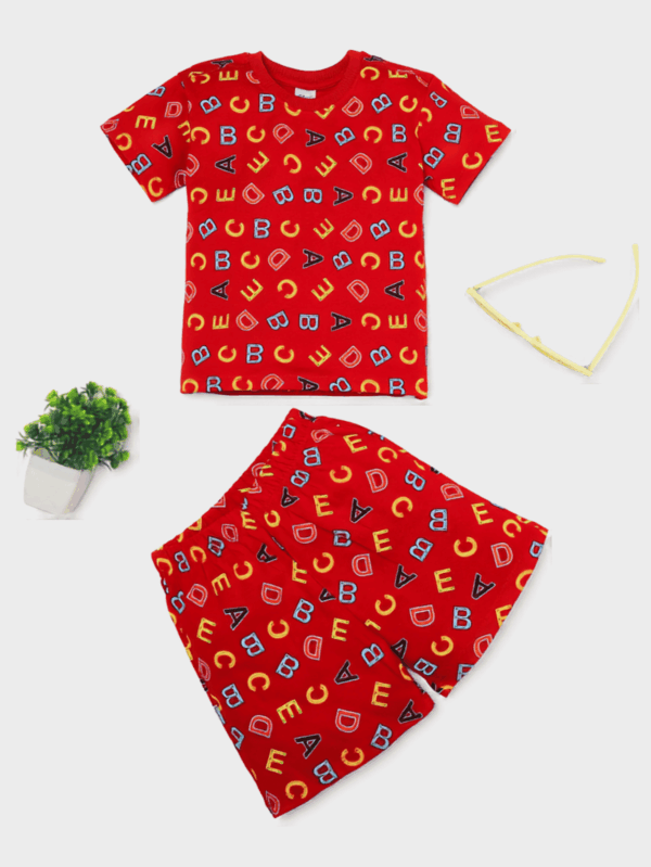 Kids red alphabet theme co-ord set made from soft cotton, featuring colorful letter prints for boys and girls.