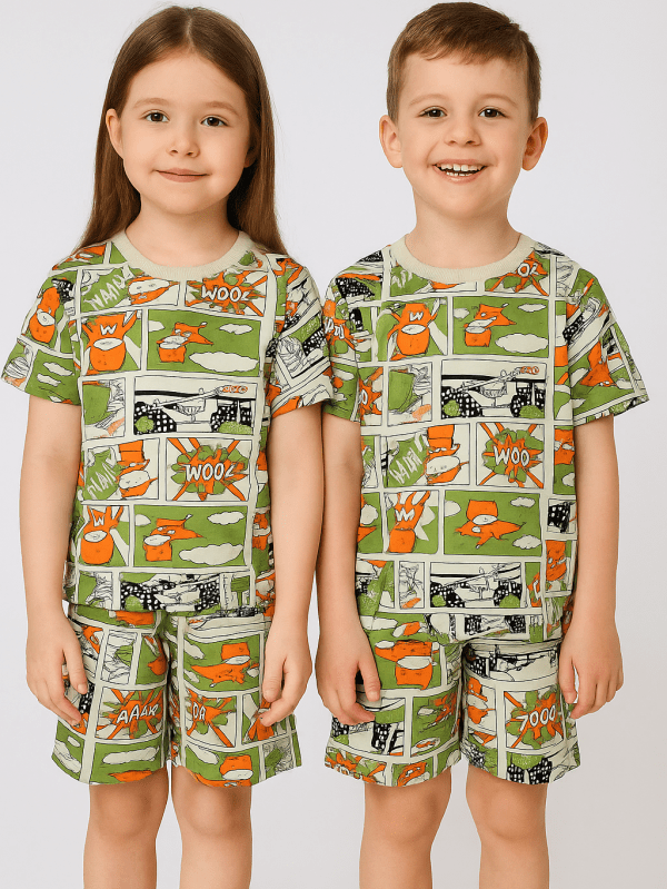 colorful 100% cotton co-ord set with Superhero Comic Co-ord Set print for kids by Difru