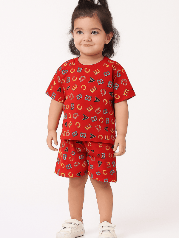 Red breathable cotton co-ord set with Red Alphabet Co-ord Set print for infants