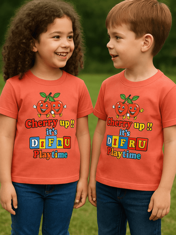 Peach orange breathable cotton t-shirt with Cherry Up Playtime T-Shirt print for unisex kids by Difru