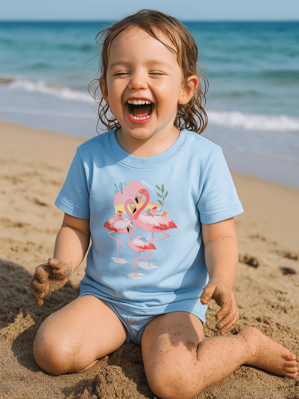 Pastel blue breathable cotton t-shirt with Tropical Flamingo Tee-T-Shirt For Kids print for toddler