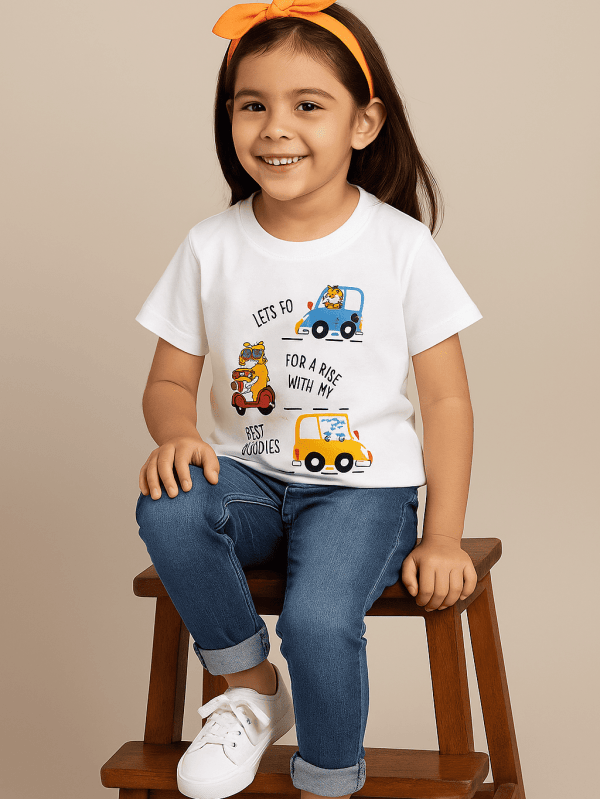 Kid wearing white “Best Buddies” vehicle print tee by Difru