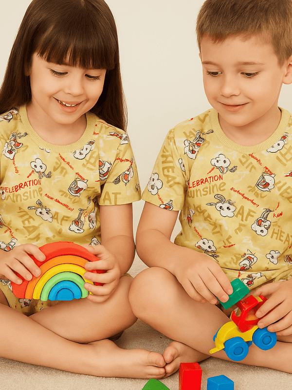 colorful cotton co-ord set with Snowman Cartoon Co-ord Set print for unisex kids by Difru