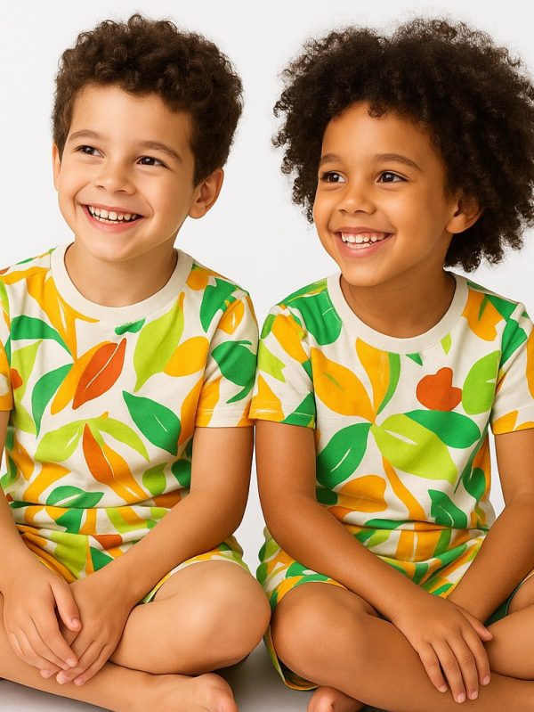 Unisex kids tropical theme co-ord set made from soft cotton, featuring vibrant tropical prints for everyday comfort.