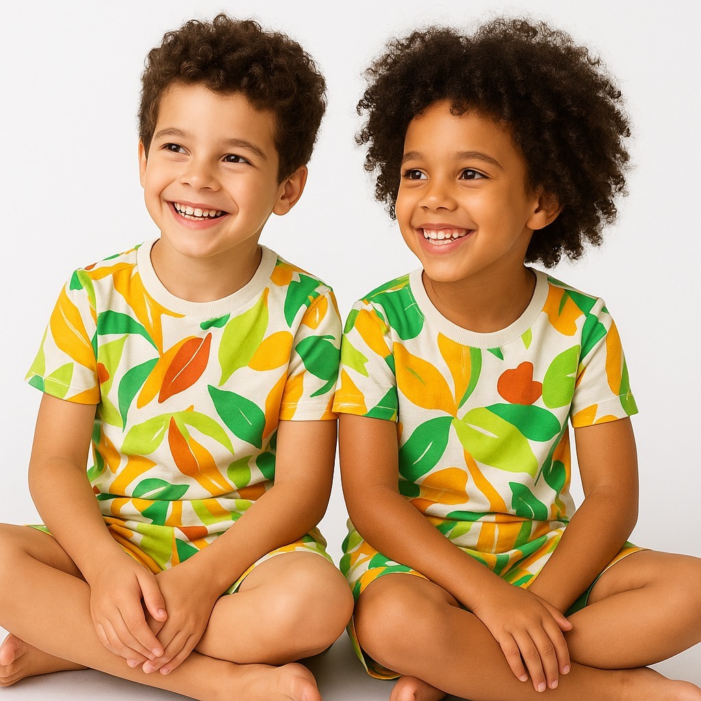 Unisex kids tropical theme co-ord set made from soft cotton, featuring vibrant tropical prints for everyday comfort.