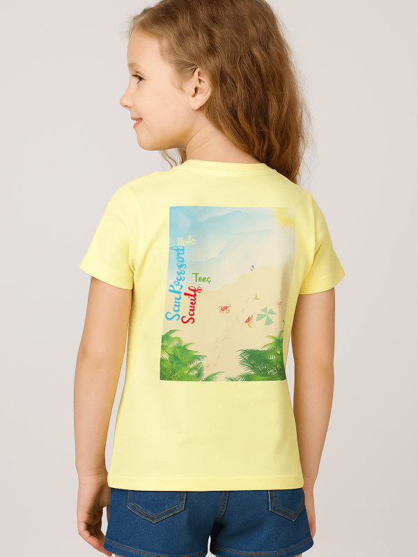 Pastel yellow 100% cotton t-shirt with Sunshine & Sandy Toes T-shirt print for unisex kids by Difru