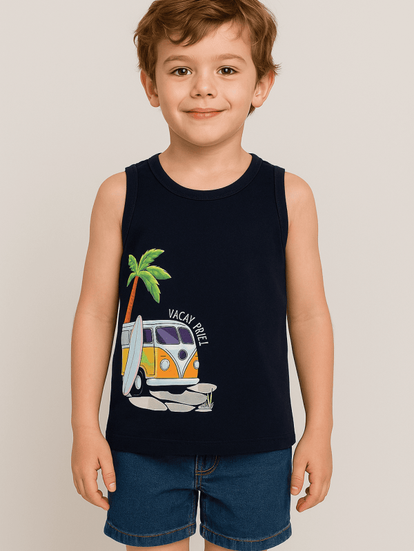 Charcoal grey breathable cotton outfit with Summer Road Trip Sleeveless Tee print for unisex kids
