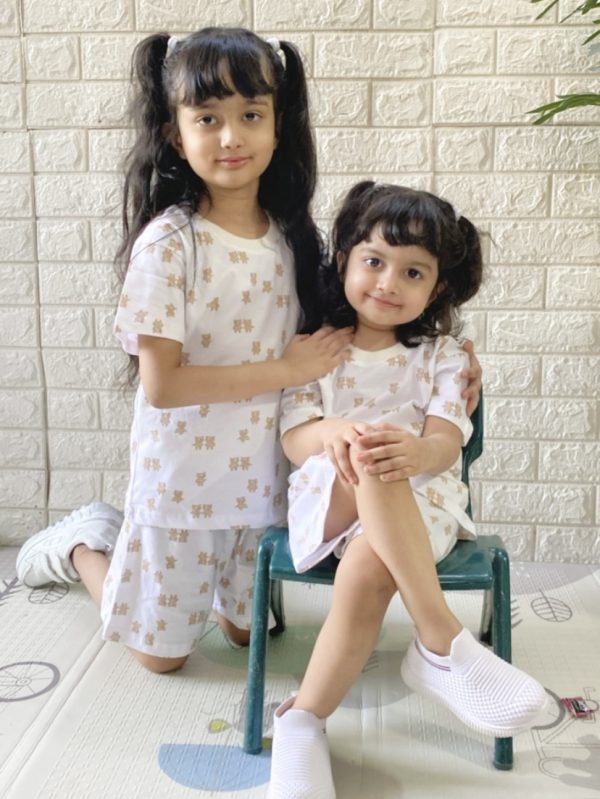 white breathable cotton co-ord set with Teddy Bear Co-ord Set print for toddlers by Difru