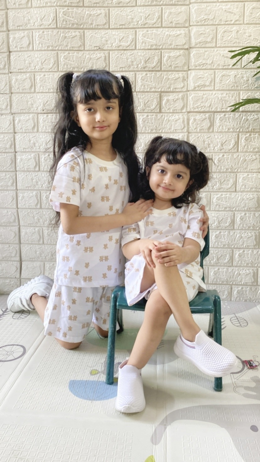 white breathable cotton co-ord set with Teddy Bear Co-ord Set print for toddlers by Difru