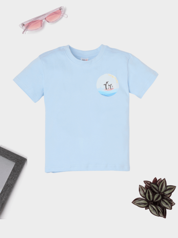 Kids tropical penguin theme cotton T-shirt featuring adorable penguin and tropical prints, made from soft and breathable fabric for all-day comfort.