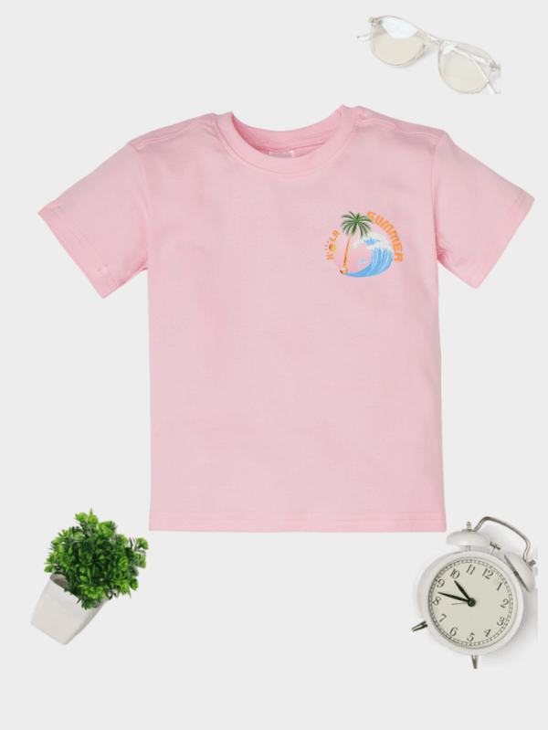 Kids Hello Summer theme cotton T-shirt featuring cheerful summer-inspired prints, made from soft and breathable fabric for all-day comfort.