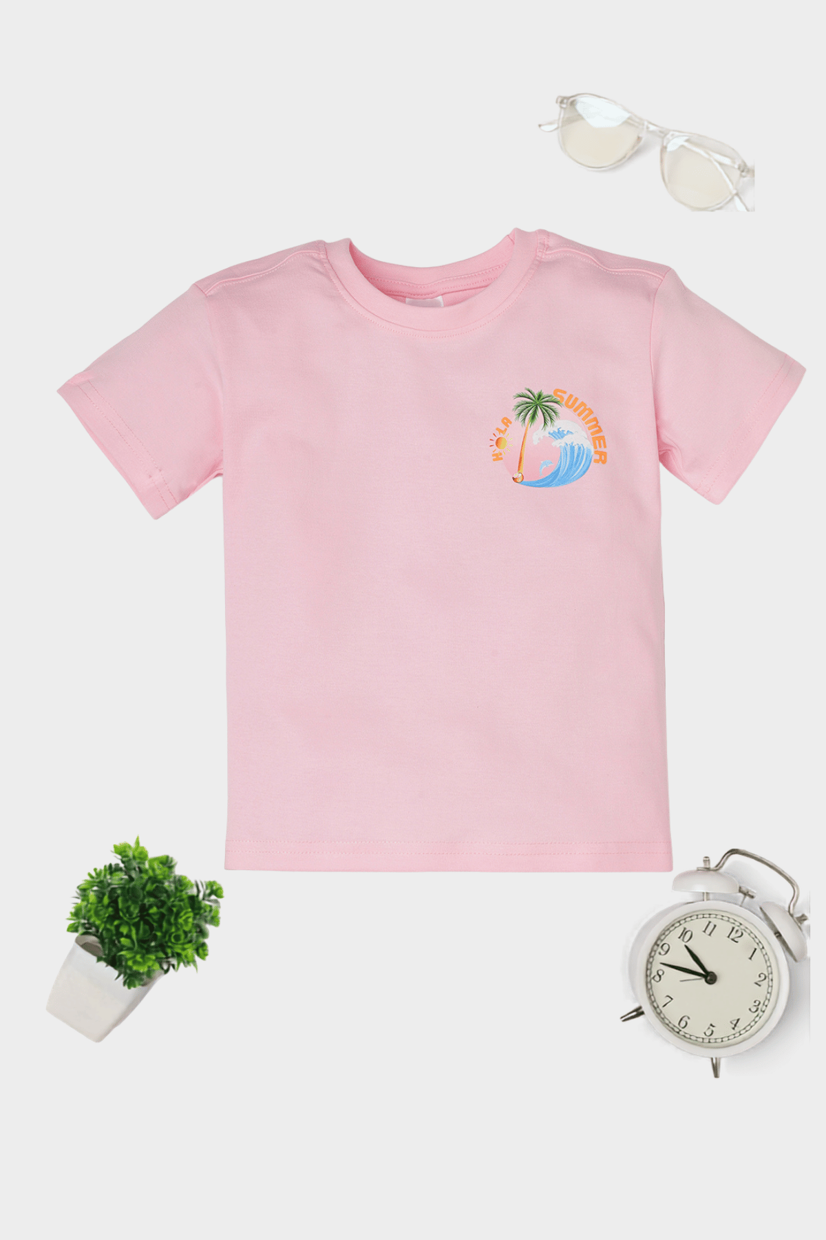 Kids Hello Summer theme cotton T-shirt featuring cheerful summer-inspired prints, made from soft and breathable fabric for all-day comfort.