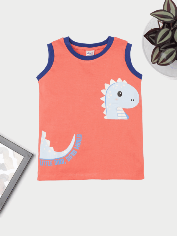 Peach Dino Theme Sleeveless Cotton T-Shirt for Kids | Soft & Comfortable Summer Wear