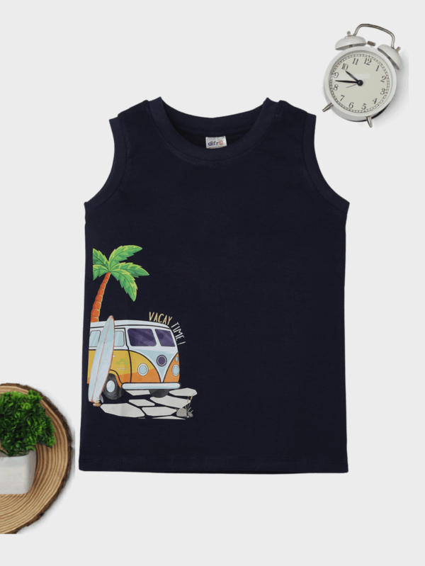 Kids vacay theme cotton T-shirt featuring fun vacation-inspired prints, made from soft and breathable fabric for all-day comfort.