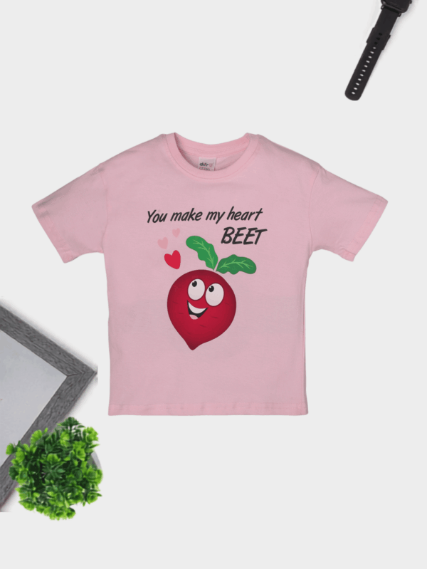 Kids beetroot theme cotton T-shirt featuring playful beetroot prints, made from soft and breathable fabric for all-day comfort.