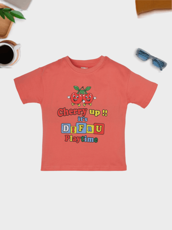 Kids cherry theme cotton T-shirt featuring cute cherry fruit prints, made from soft and breathable fabric for all-day comfort.