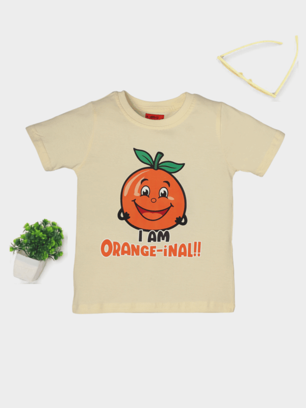 Kids orange theme cotton T-shirt featuring vibrant orange fruit prints, made from soft and breathable fabric for all-day comfort.