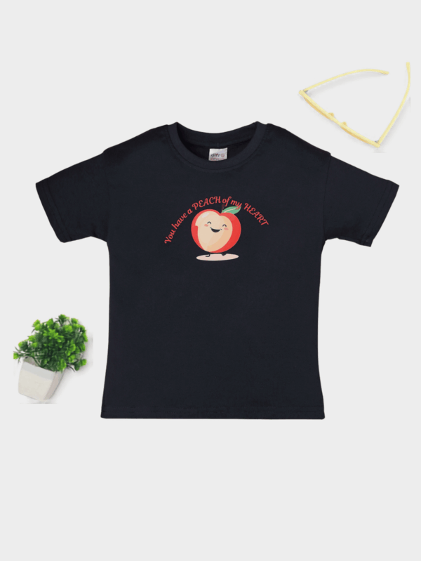 Kids peach theme cotton T-shirt featuring adorable peach prints, made from soft and breathable fabric for all-day comfort.