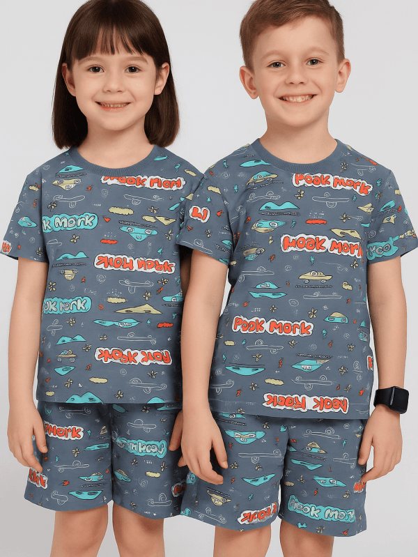 blue 100% cotton co-ord set with Playful Car Co-ord Set print for infants by Difru – casual wear