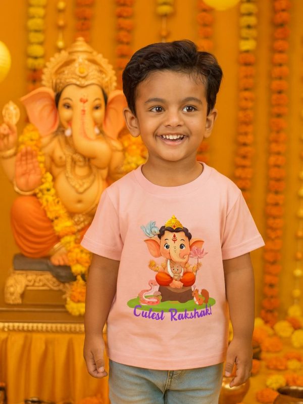 kids cotton t-shirt with "Cutest Rakshak Baby Ganesha T-Shirt design for kids by Difru Clothing “ everyday casual wear