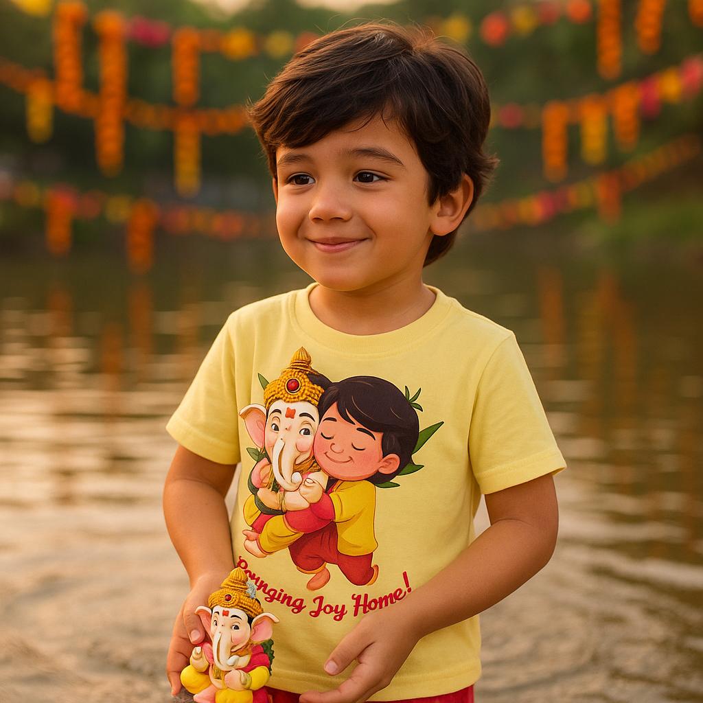 kids cotton t-shirt with Bringing Joy Home! Kids Ganesha T-Shirt design for kids by Difru Clothing everyday casual wear
