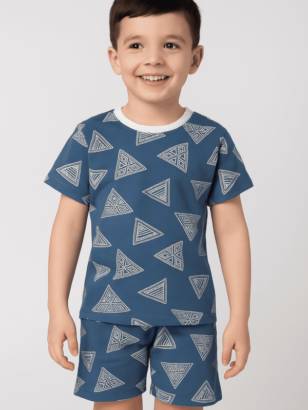 blue soft cotton co-ord set with Geometric Triangle Co-ord Set print for infants by Difru