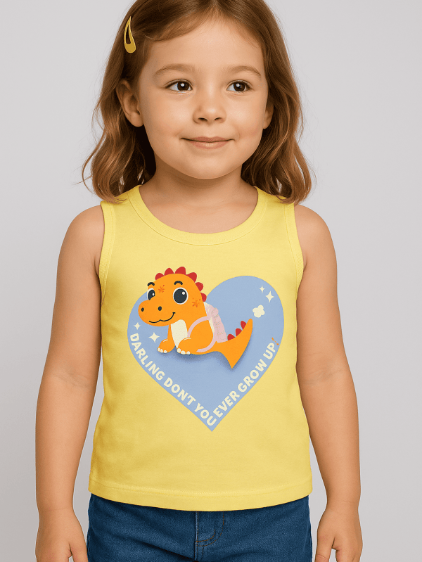 pastel yellow soft cotton tank top with Sunny Heart Dino Tank print for kids by Difru
