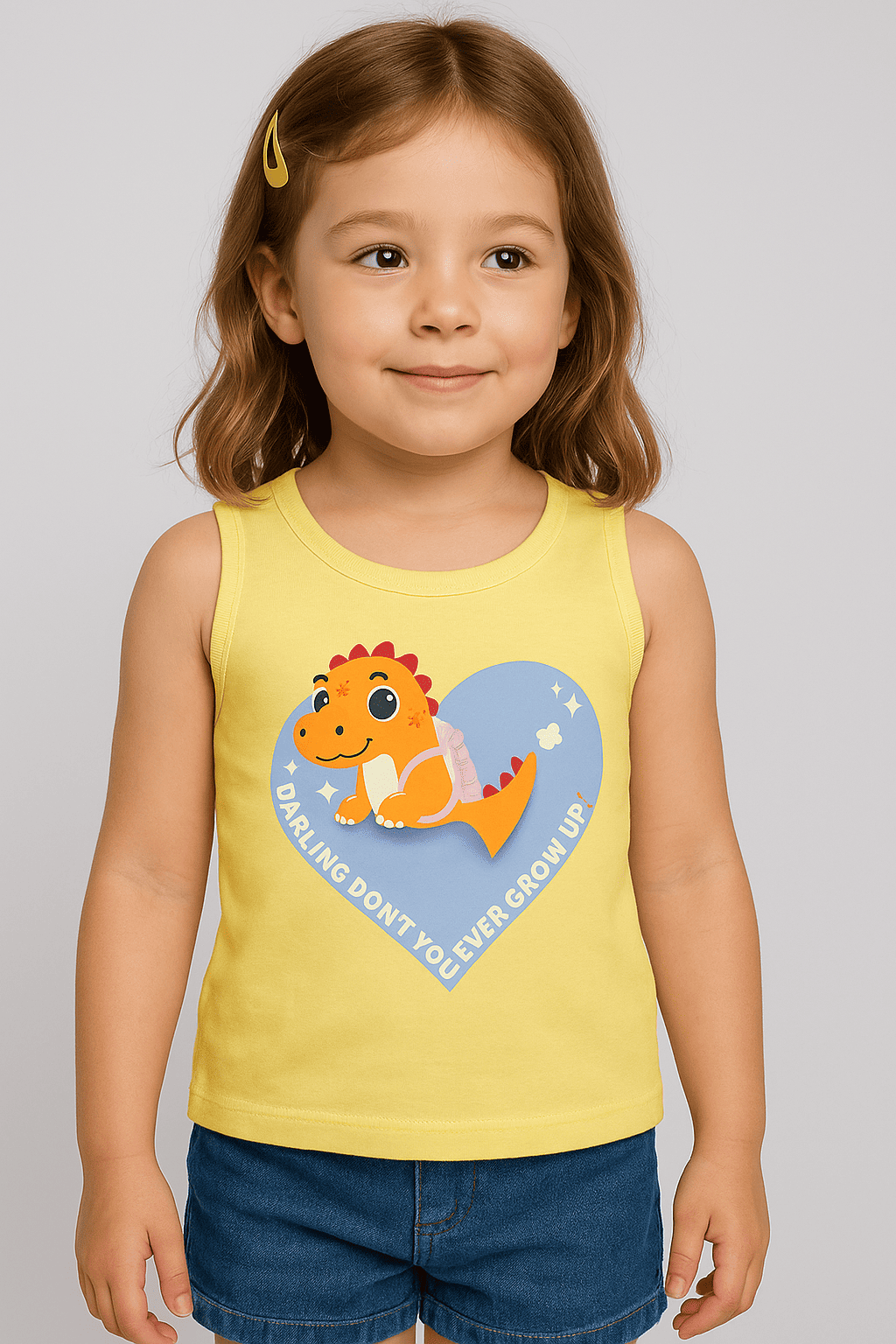 pastel yellow soft cotton tank top with Sunny Heart Dino Tank print for kids by Difru