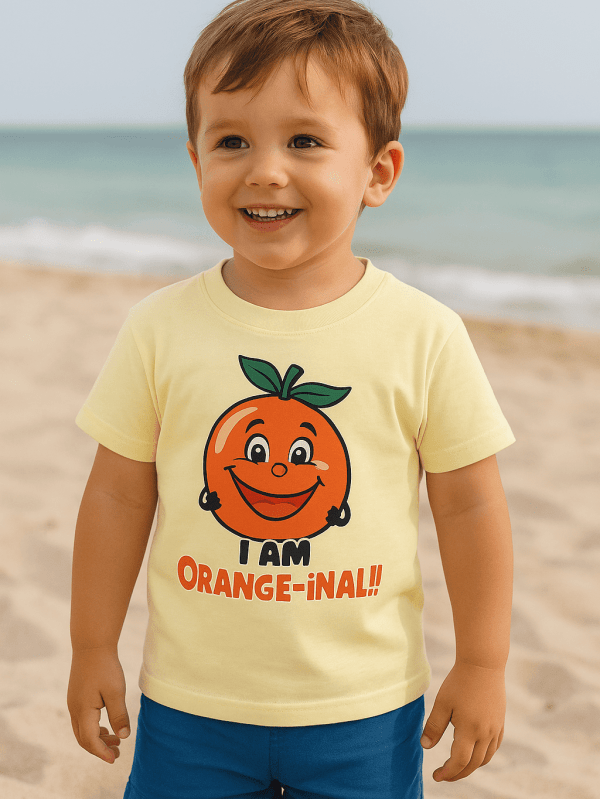 Cream 100% cotton t-shirt with I Am ORANGE-inal ! T-shirt print for kids by Difru