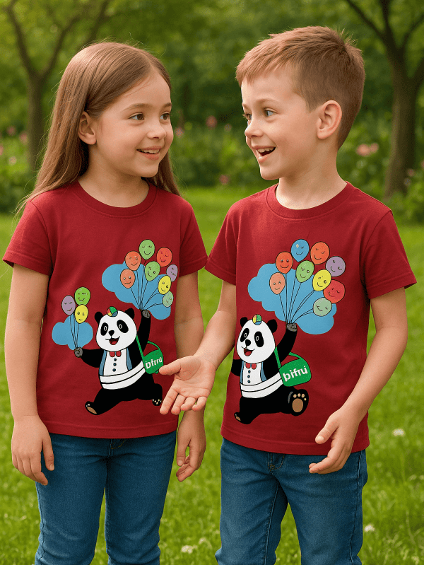 Maroon cotton t-shirt with Panda Balloon Few vs Many Playful T-shirt print for unisex kids