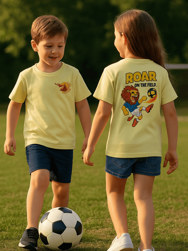 Pastel yellow breathable cotton t-shirt with Roar on the Field Tee print for unisex kids by Difru