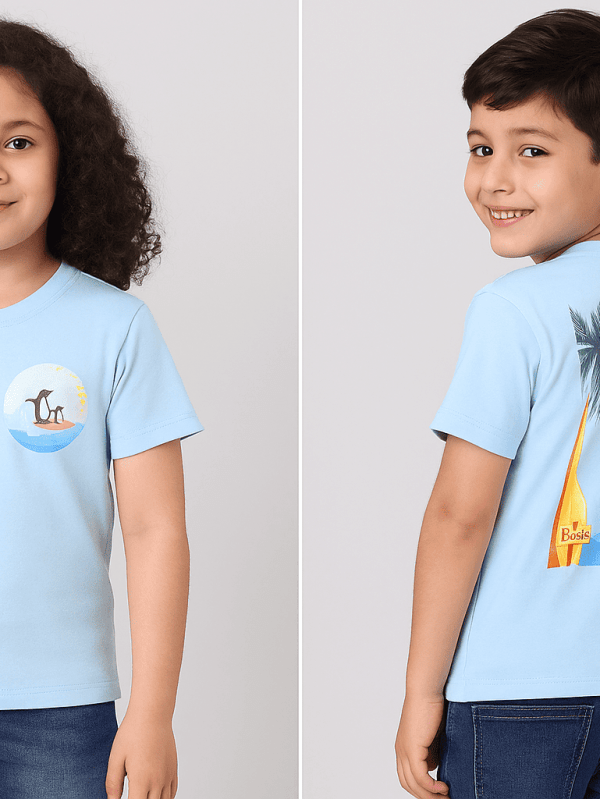 blue breathable cotton t-shirt with Tropical Penguin T-shirt print for toddlers by Difru