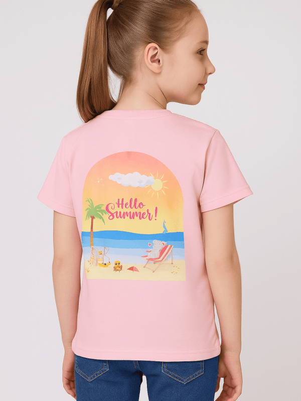 pastel pink soft cotton t-shirt with Hello Summer Beach T-shirt print for kids by Difru