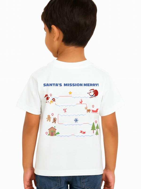 kids cotton t-shirt with Santa’s Mission Merry Kids T-Shirt print for kids by Difru Clothing – winter wear