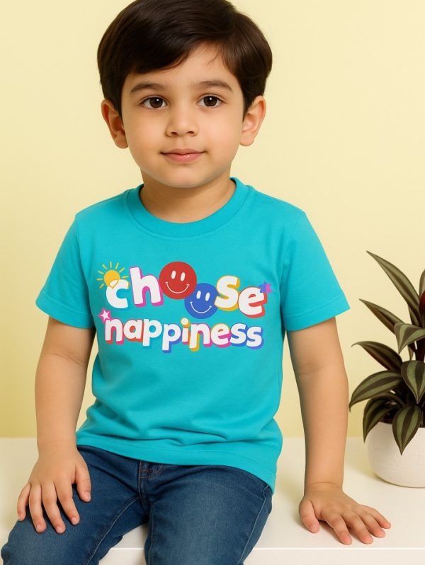 Blue kids’ cotton T-shirt with colorful “Choose Happiness” print and smiley faces by Difru Clothing.