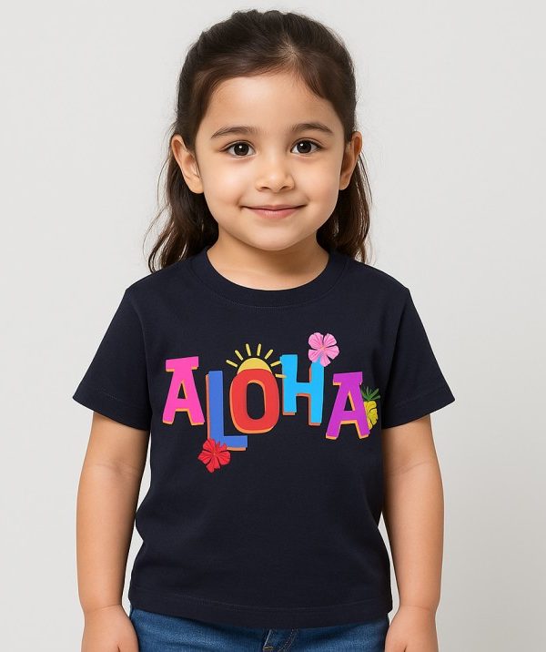 Navy blue kids’ cotton T-shirt with colorful “ALOHA” print, featuring hibiscus flower, pineapple, and sun by Difru Clothing.