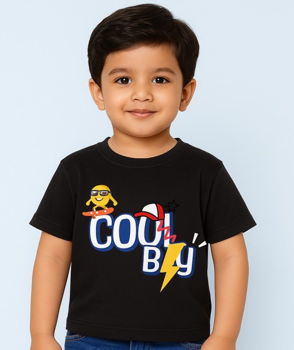 Grey cotton kids’ T-shirt with Cool Boy print featuring skateboard emoji, cap, star, and lightning bolt design by Difru Clothing.