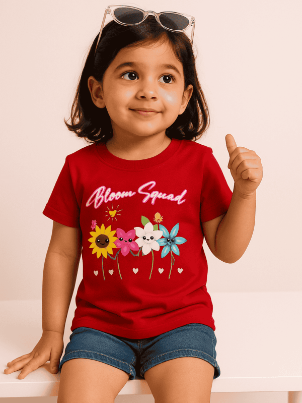 Red kids’ cotton T-shirt with cute cartoon flower print and “Bloom Squad” text by Difru Clothing.
