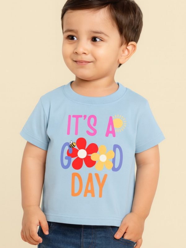 Light blue cotton kids’ T-shirt with “It’s a Good Day” text, colorful sun, flowers, and bee print by Difru Clothing.
