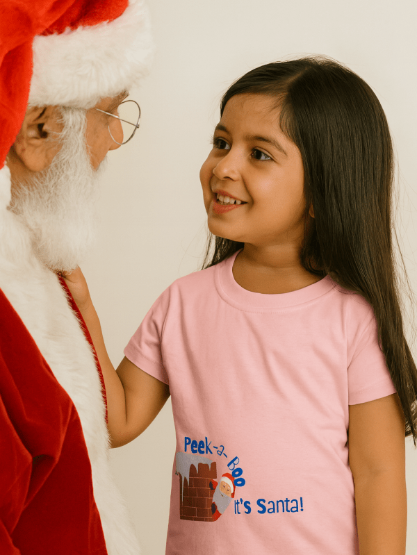 kids cotton t-shirt with Peek-a-Boo Santa Kids Christmas T-Shirt design for kids by Difru Clothing winter festive wear