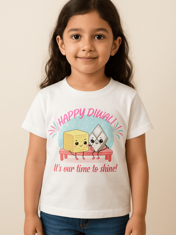 kids cotton t-shirt with Its Our Time to Shine Kids Diwali T-Shirt design for kids by Difru Clothing everyday casual wear