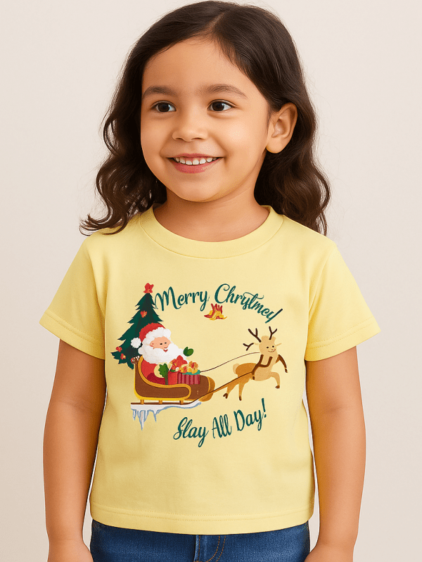 kids cotton t-shirt with Slay All Day Kids Christmas T-Shirt design for kids by Difru Clothing winter festive wear