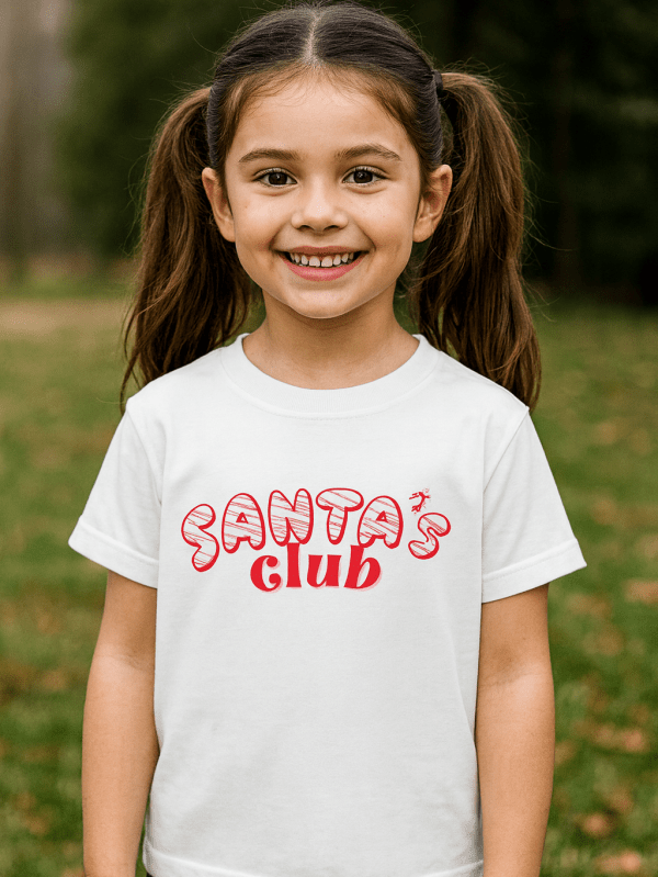 kids cotton t-shirt with Santa's Club Kids Christmas T-Shirt design for kids by Difru Clothing winter festive wear