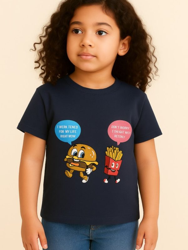 Navy blue kids’ t-shirt with funny talking burger and fries print — cute fast-food theme top for toddlers and kids.